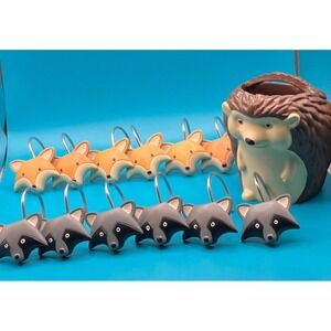 Kids Shower Curtain Hooks & Toothbrush Holder Set Multi Woodland Animals